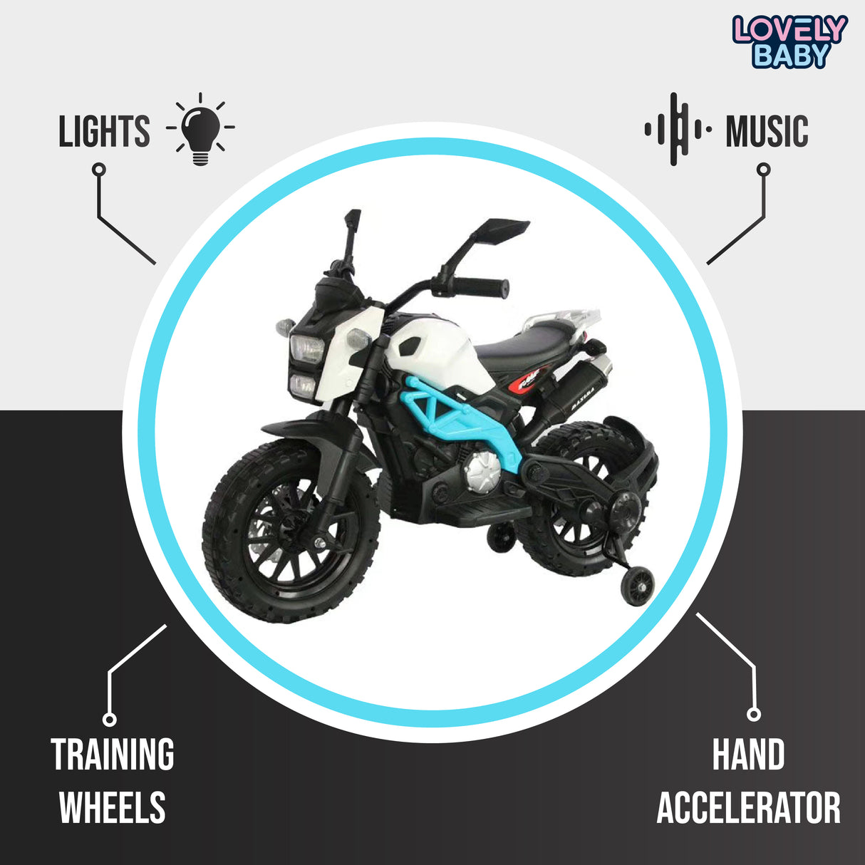 Toy motorcycle with features like lights, music, training wheels, and hand accelerator highlighted.