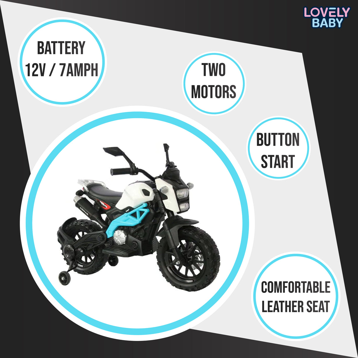 Toy motorcycle with features listed on a white background, branded 'Lovely Baby'.