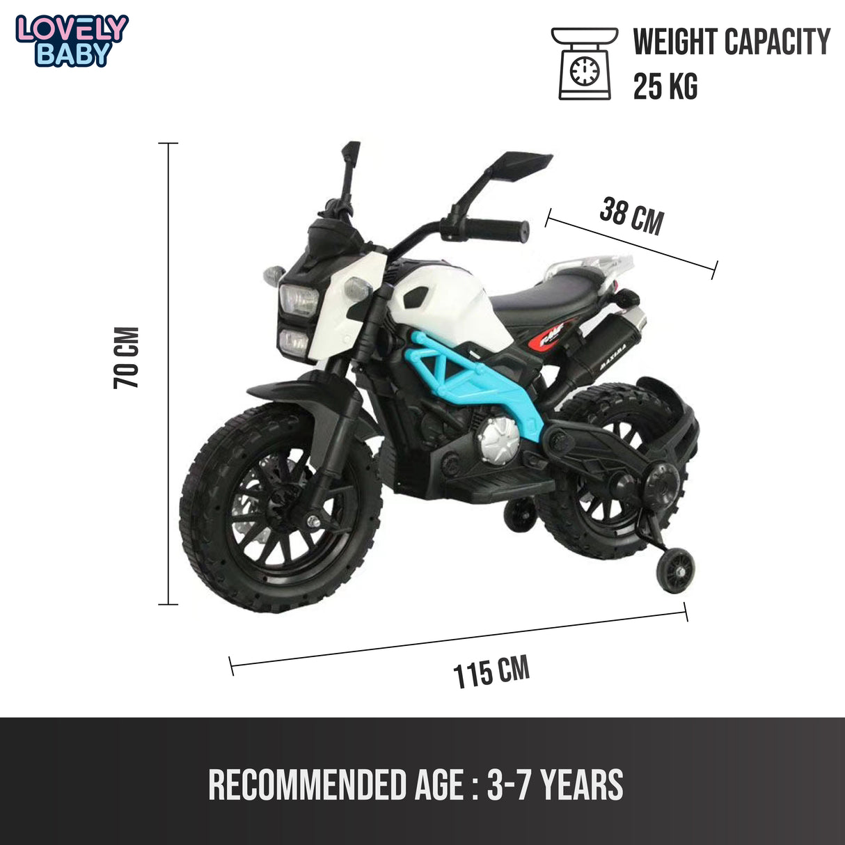 Toy motorcycle with dimensions and weight capacity on a white background
