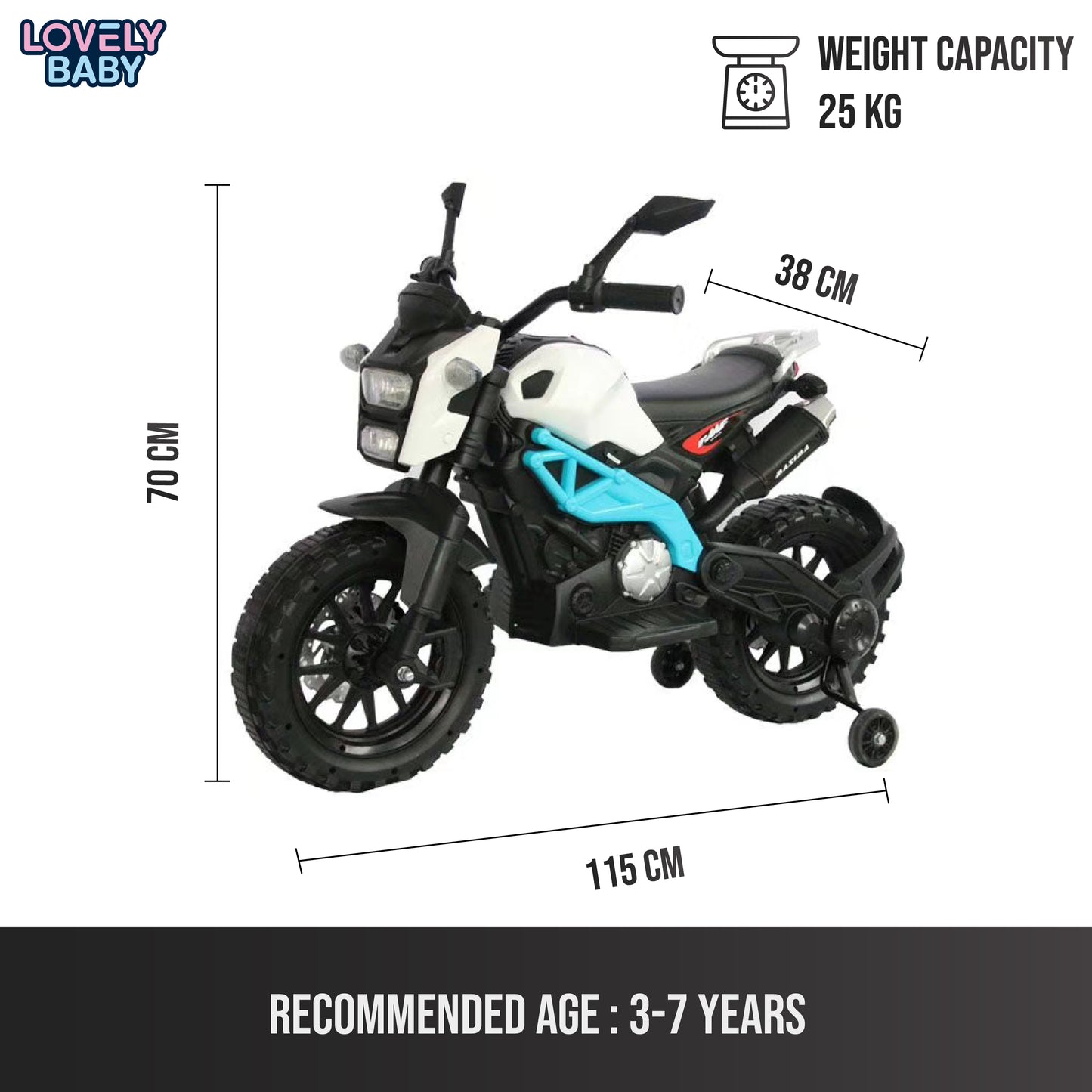 Toy motorcycle with dimensions and weight capacity on a white background