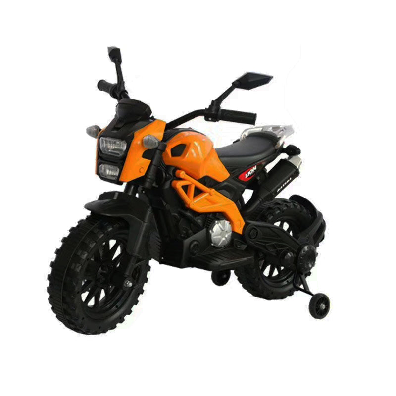 Toy motorcycle with orange and black design on a white background