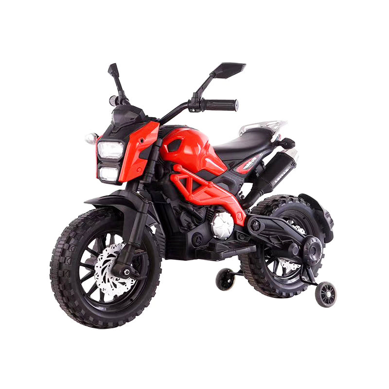 Red and black toy motorcycle on a white background