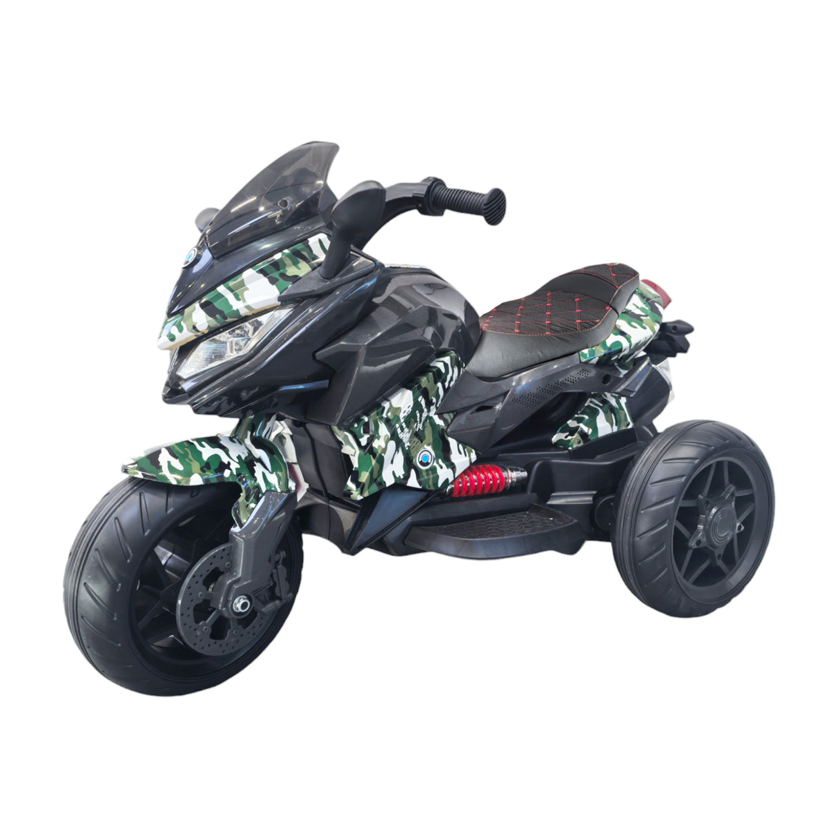 Toy motorcycle with camouflage design on a white background