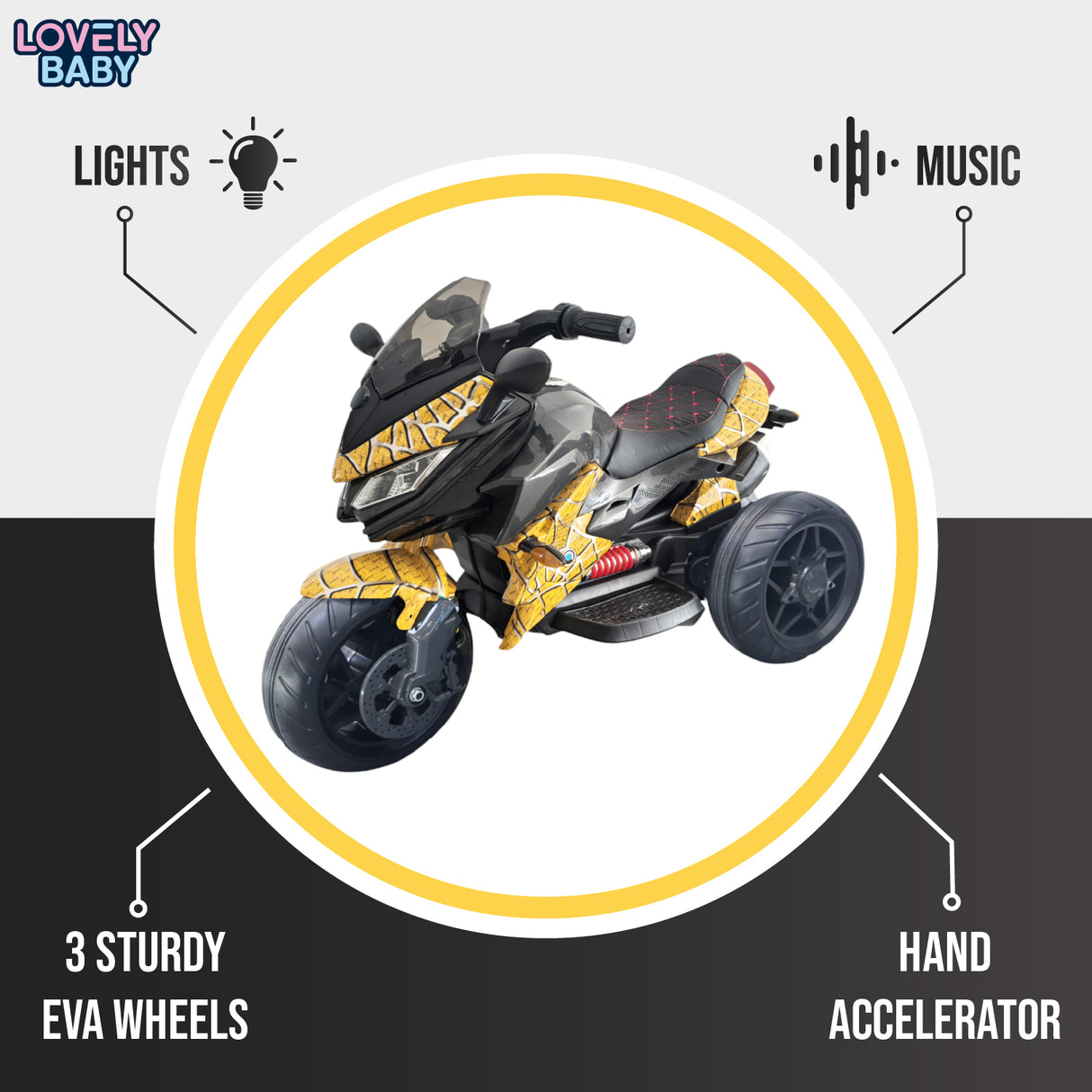 Toy motorcycle with features highlighted on a white background