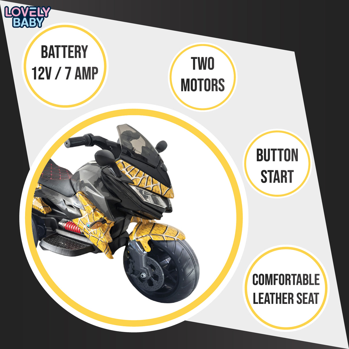 Toy motorcycle with features listed on a white background