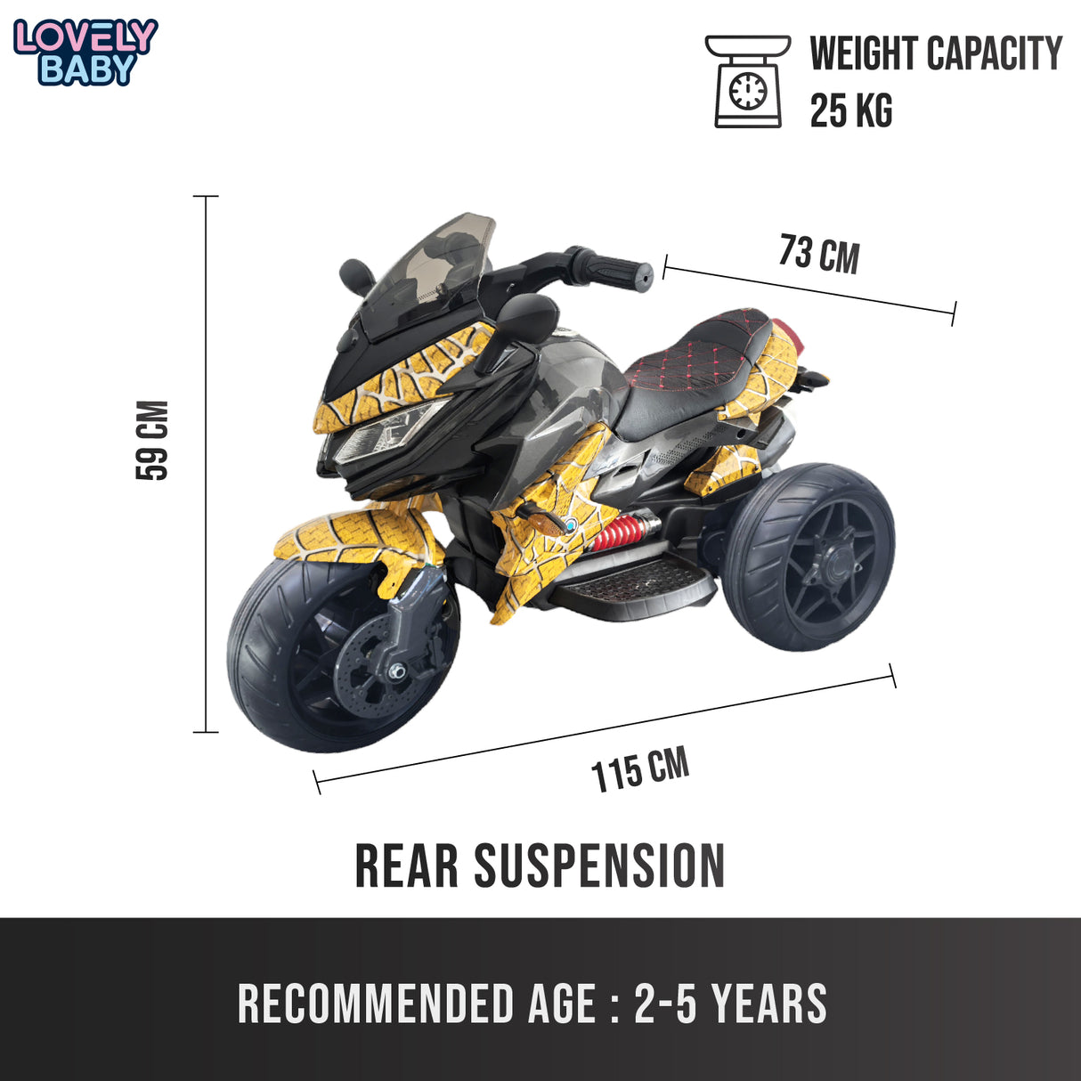 Measurement chart of a toy motorcycle with dimensions and weight capacity details.