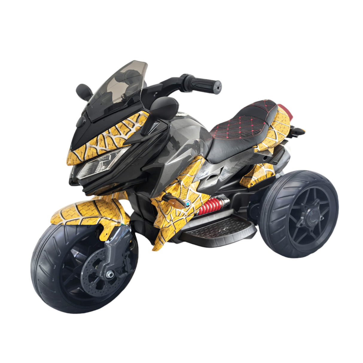 Toy motorcycle with yellow and black design on a white background