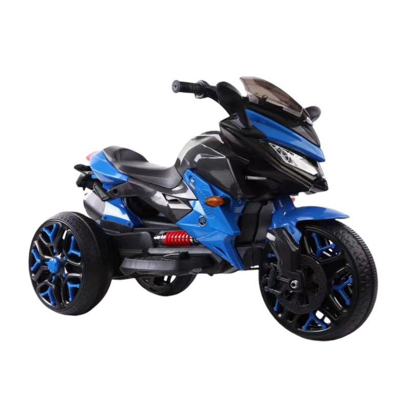 Blue and black toy motorcycle on a white background