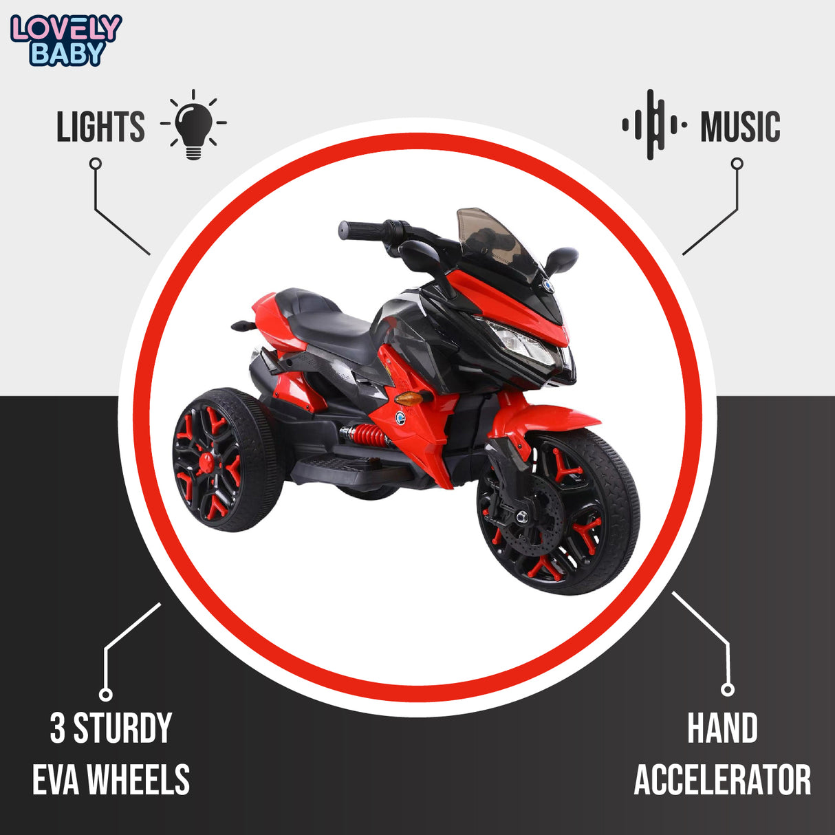 Red and black toy motorcycle with features highlighted on a gray background