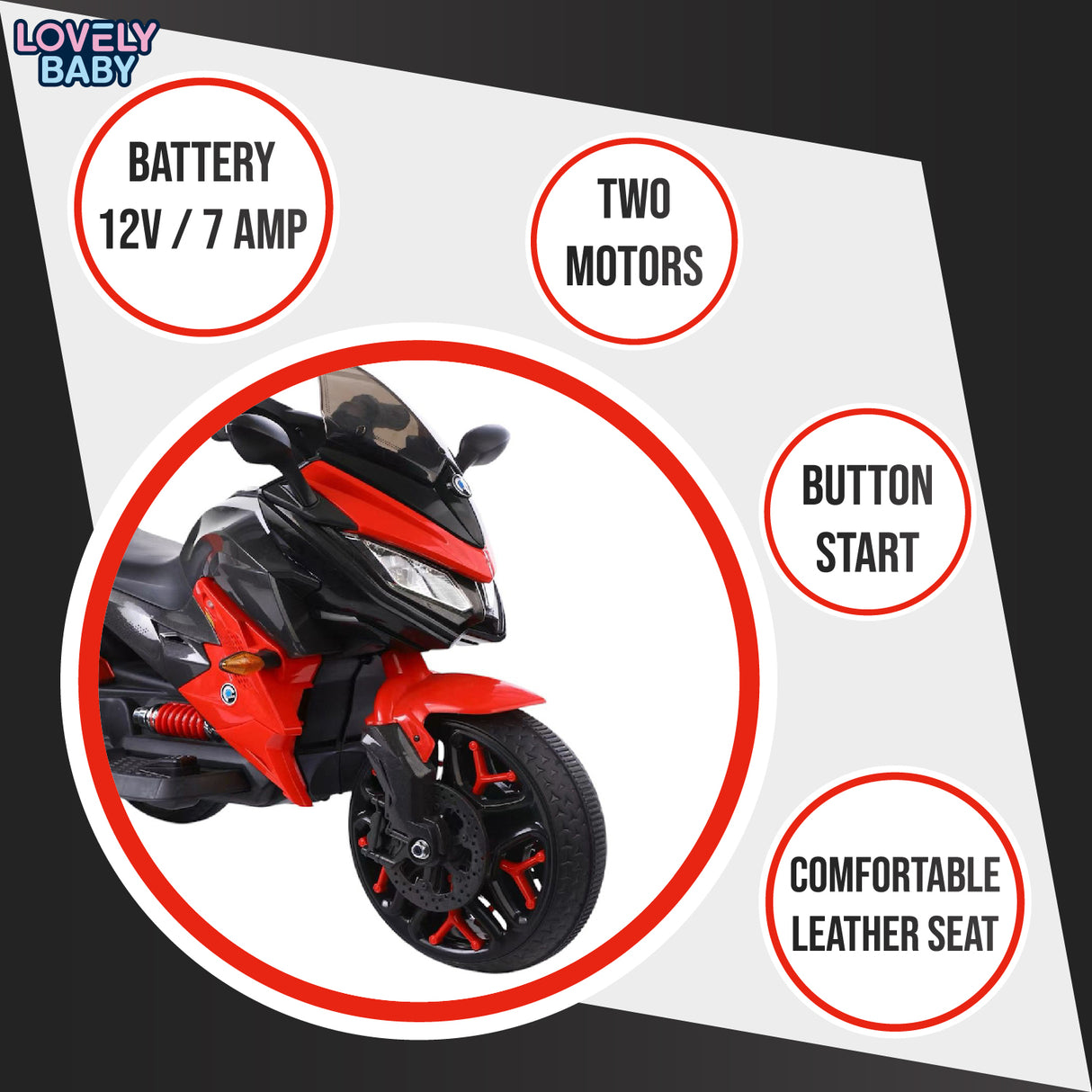 Toy motorcycle with features listed on a white background