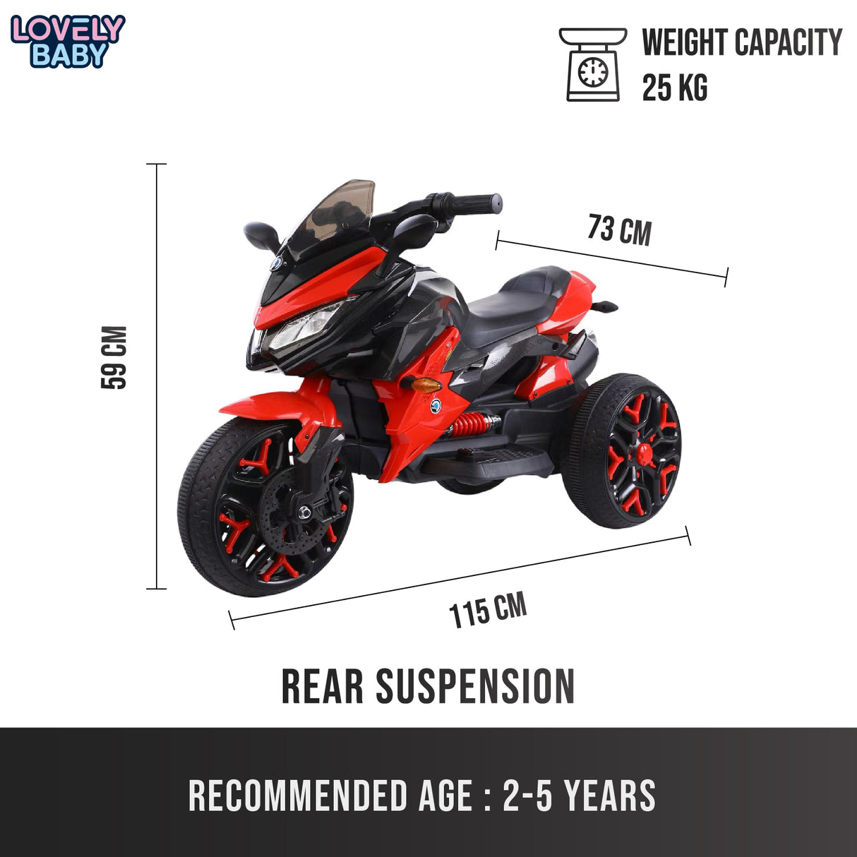 Red and black toy motorcycle with measurements and specifications on a white background