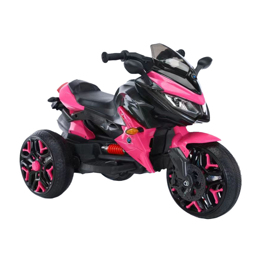 Pink and black toy motorcycle on a white background