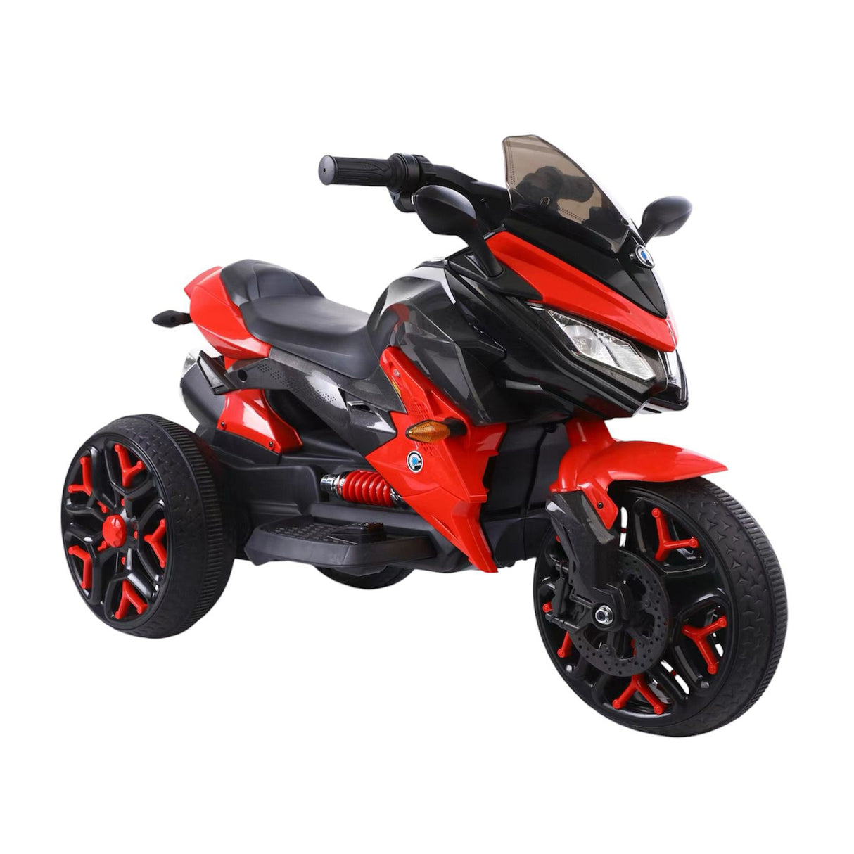 Red and black toy motorcycle on a white background