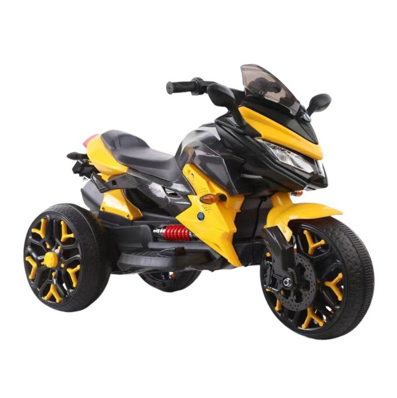 Yellow and black toy motorcycle on a white background