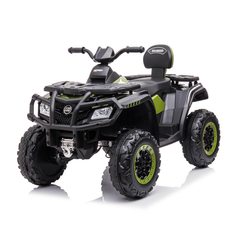 Children's electric ATV quad bike in green and black with large wheels, a leather seat, and front grille.