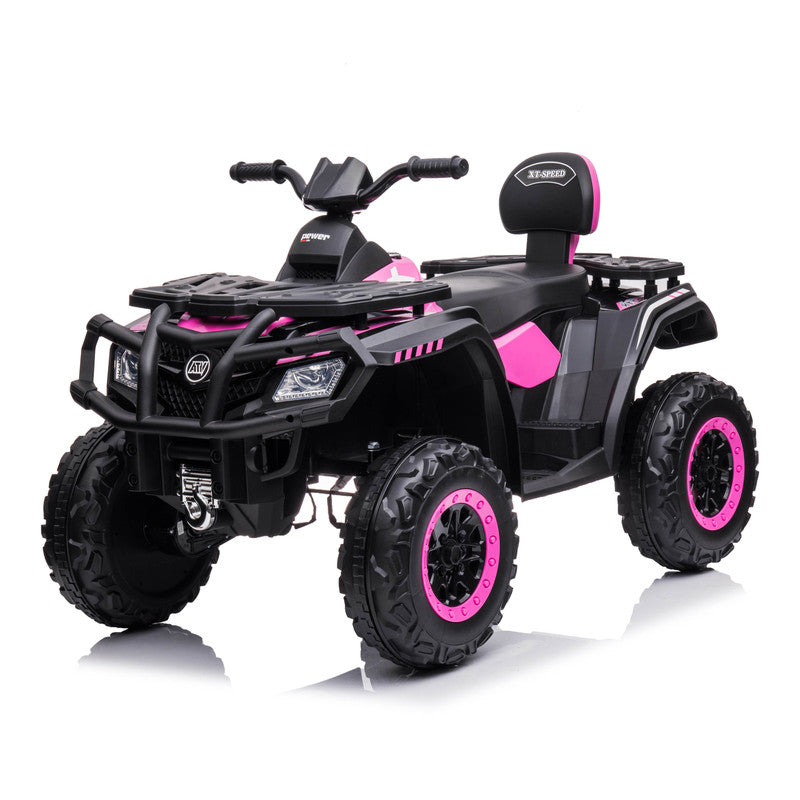 Children's electric ATV quad bike in pink and yellow with large wheels, a leather seat, and front grille.