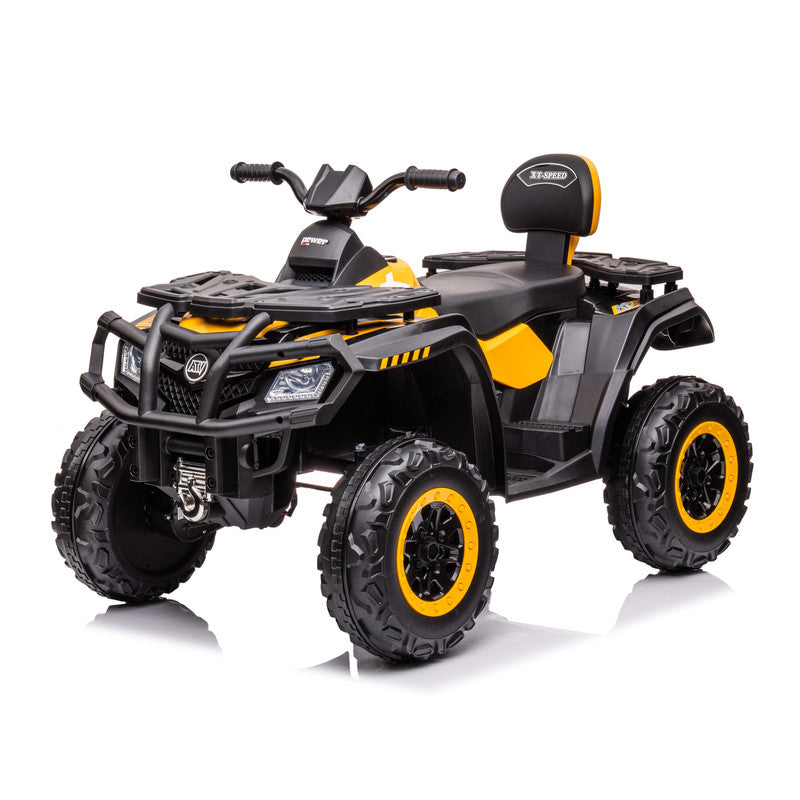 Children's electric ATV quad bike in black and yellow with large wheels, a leather seat, and front grille.
