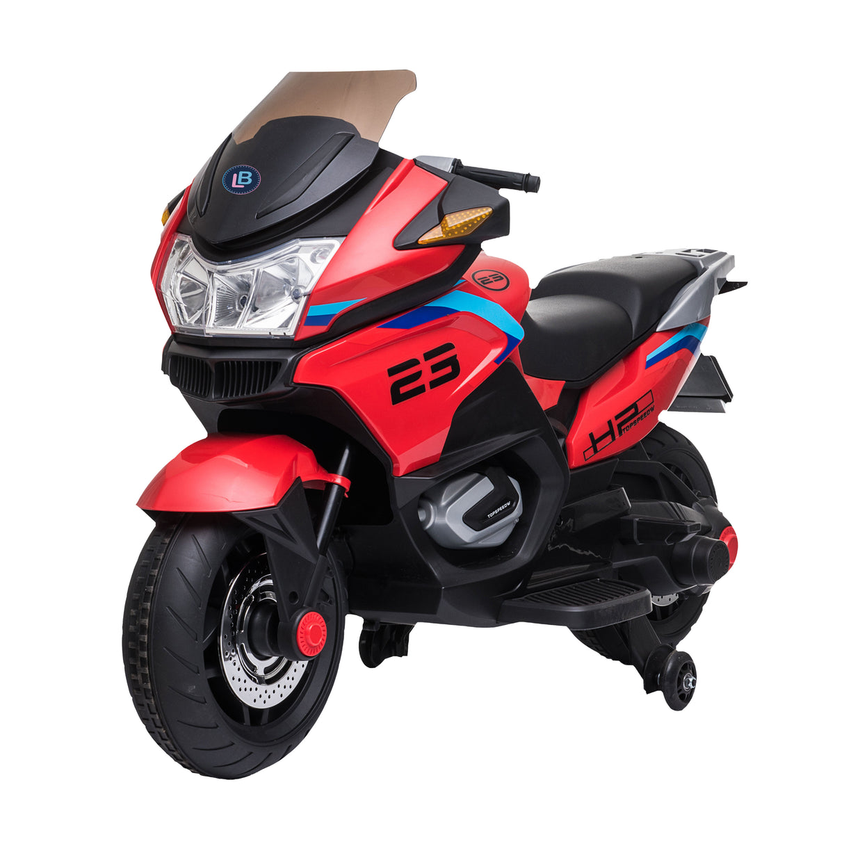 Red and black toy motorcycle on a white background