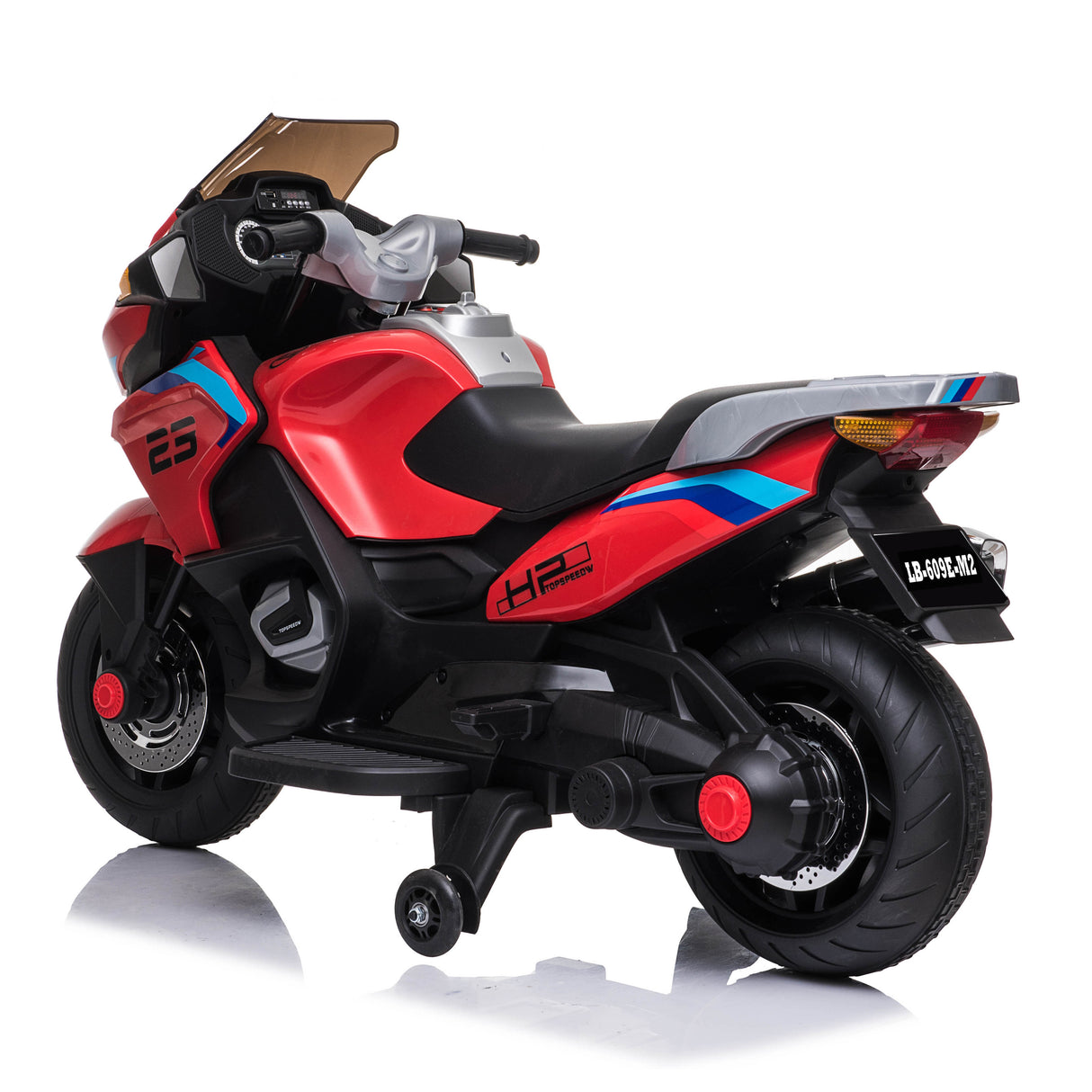 Red and black toy motorcycle with blue accents on a white background