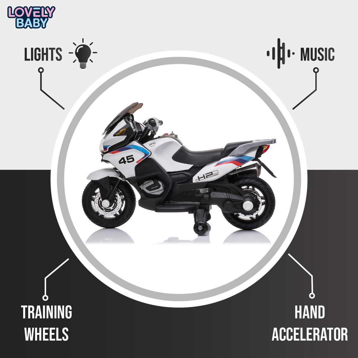 Children's toy motorcycle with features highlighted on a gray background