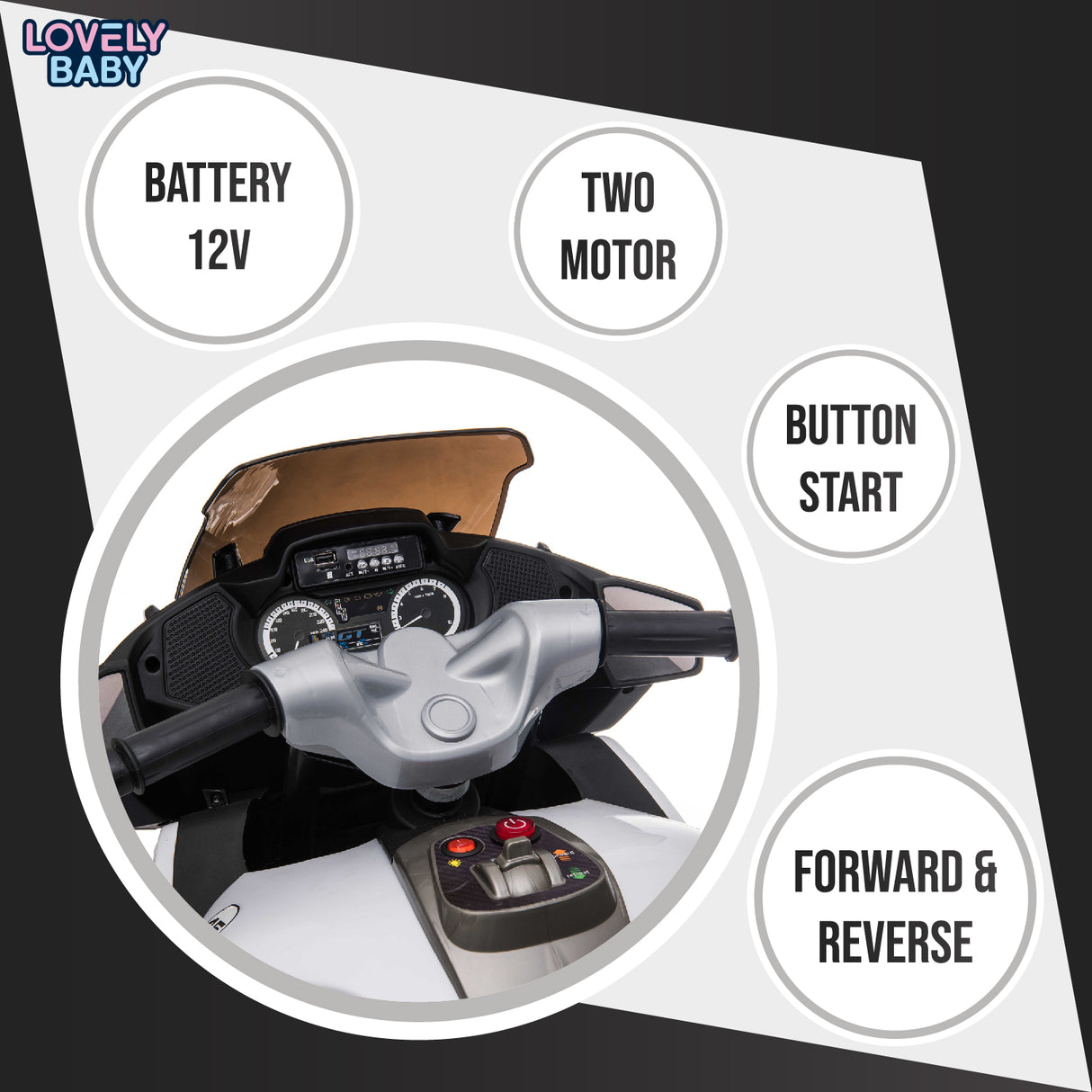 Control panel of a toy motorcycle with labeled features on a white background.