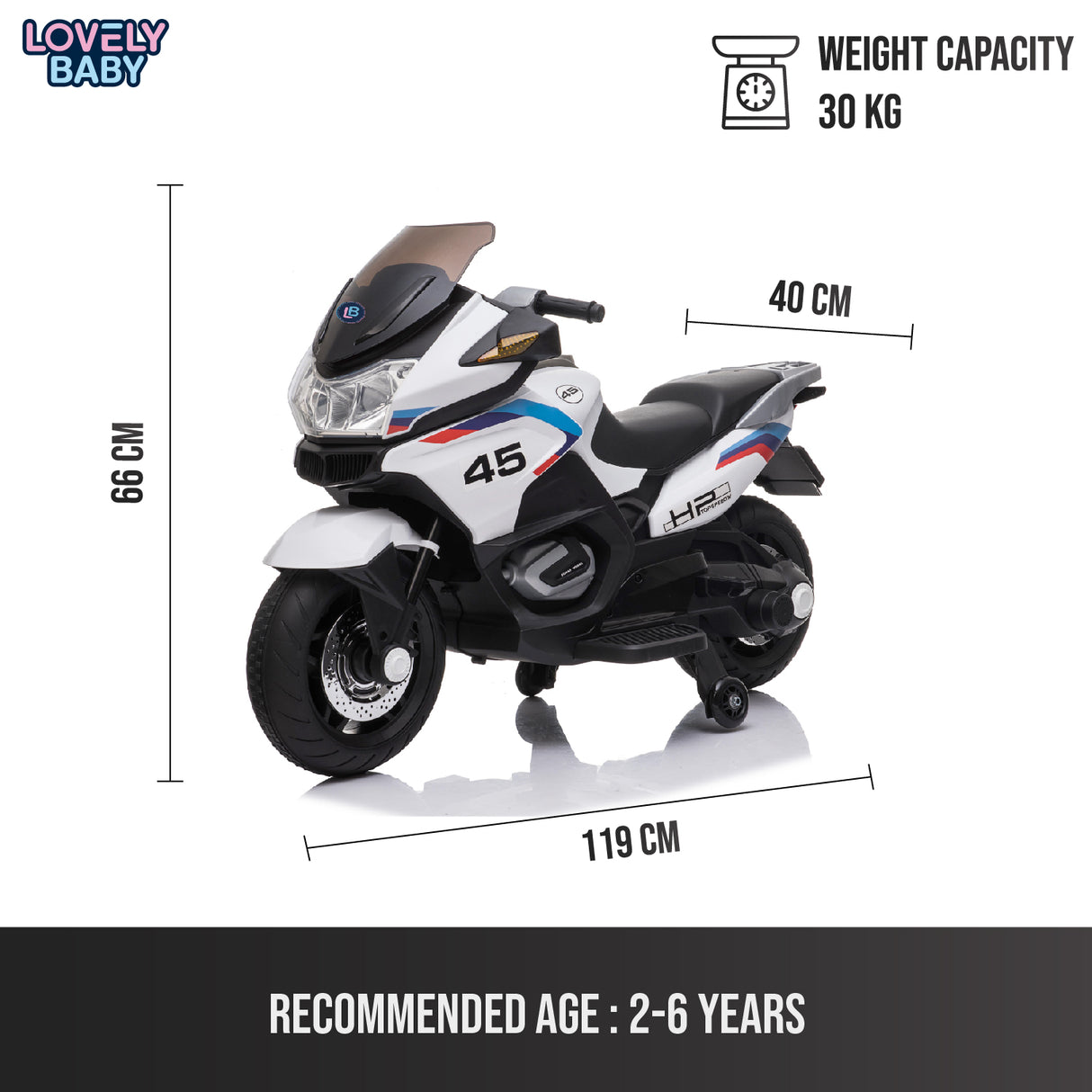 Toy motorcycle with dimensions and weight capacity details on a white background