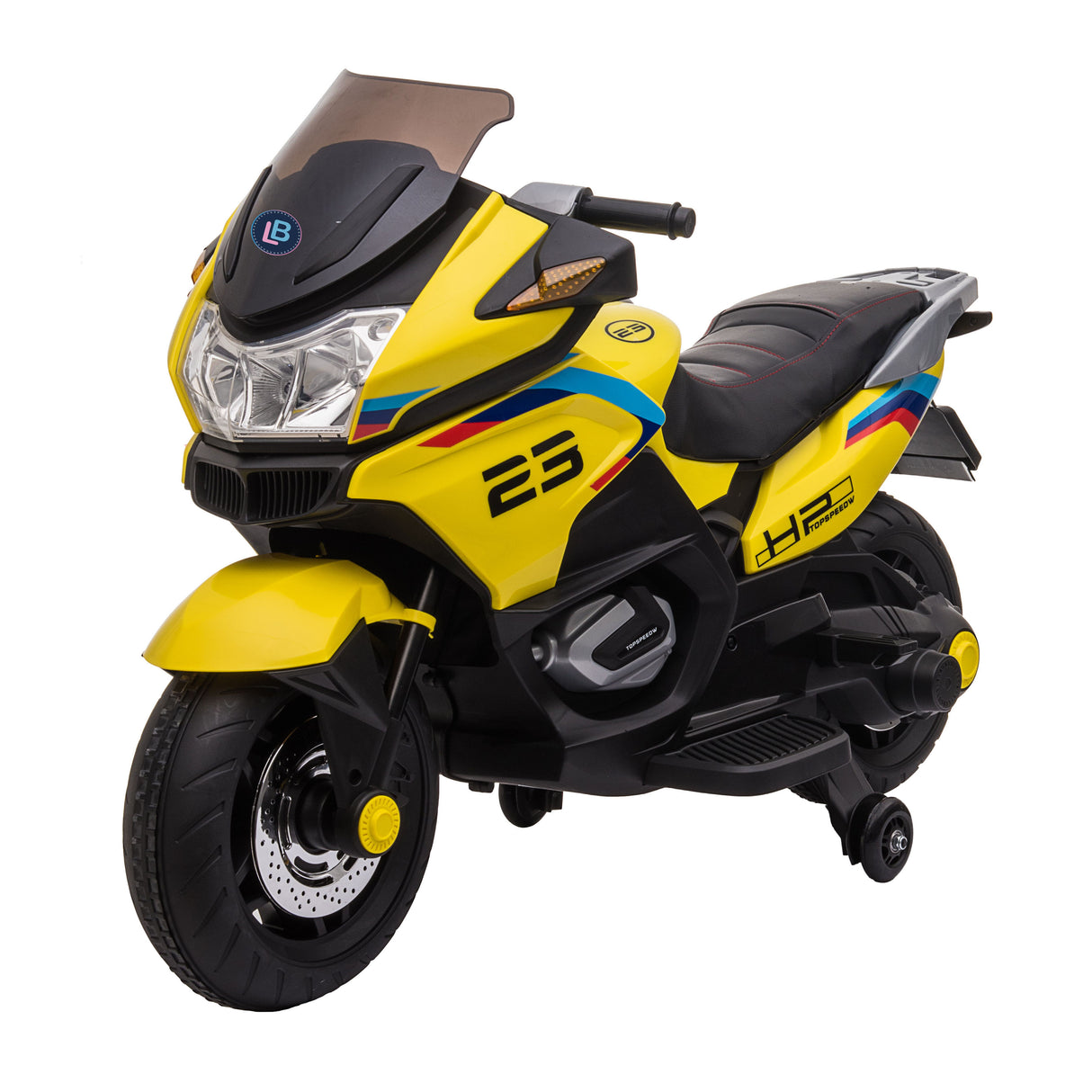 Yellow and black toy motorcycle on a white background