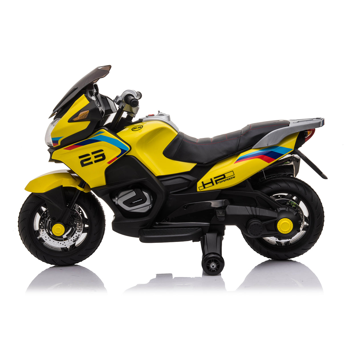 Yellow and black toy motorcycle on a white background