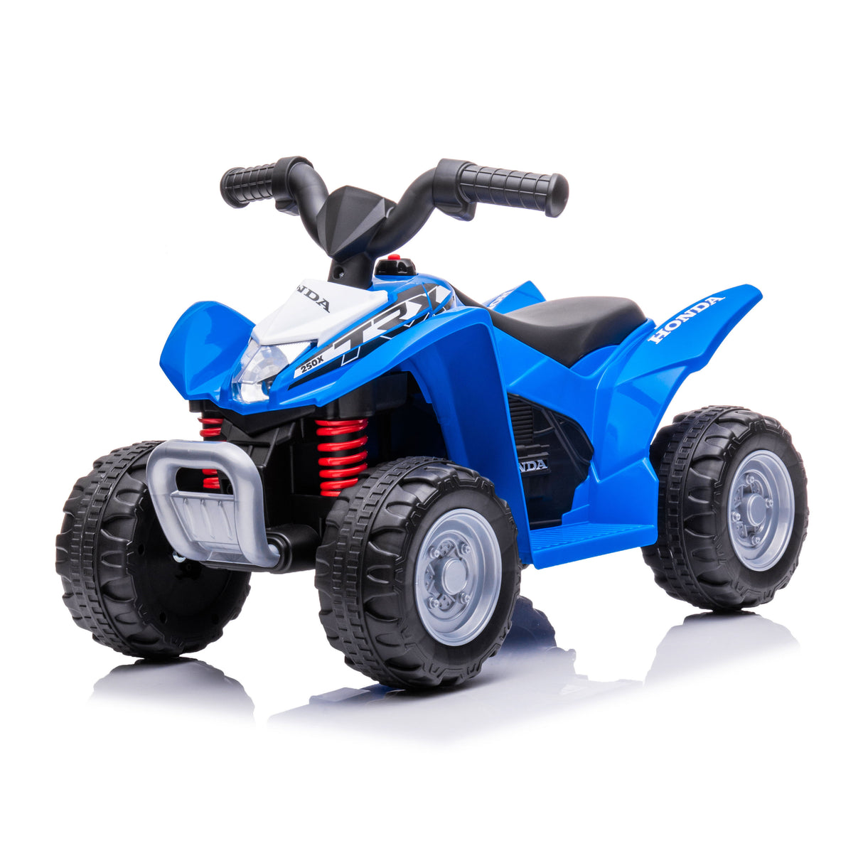 Blue toy ATV with black tires and Honda branding on a white background