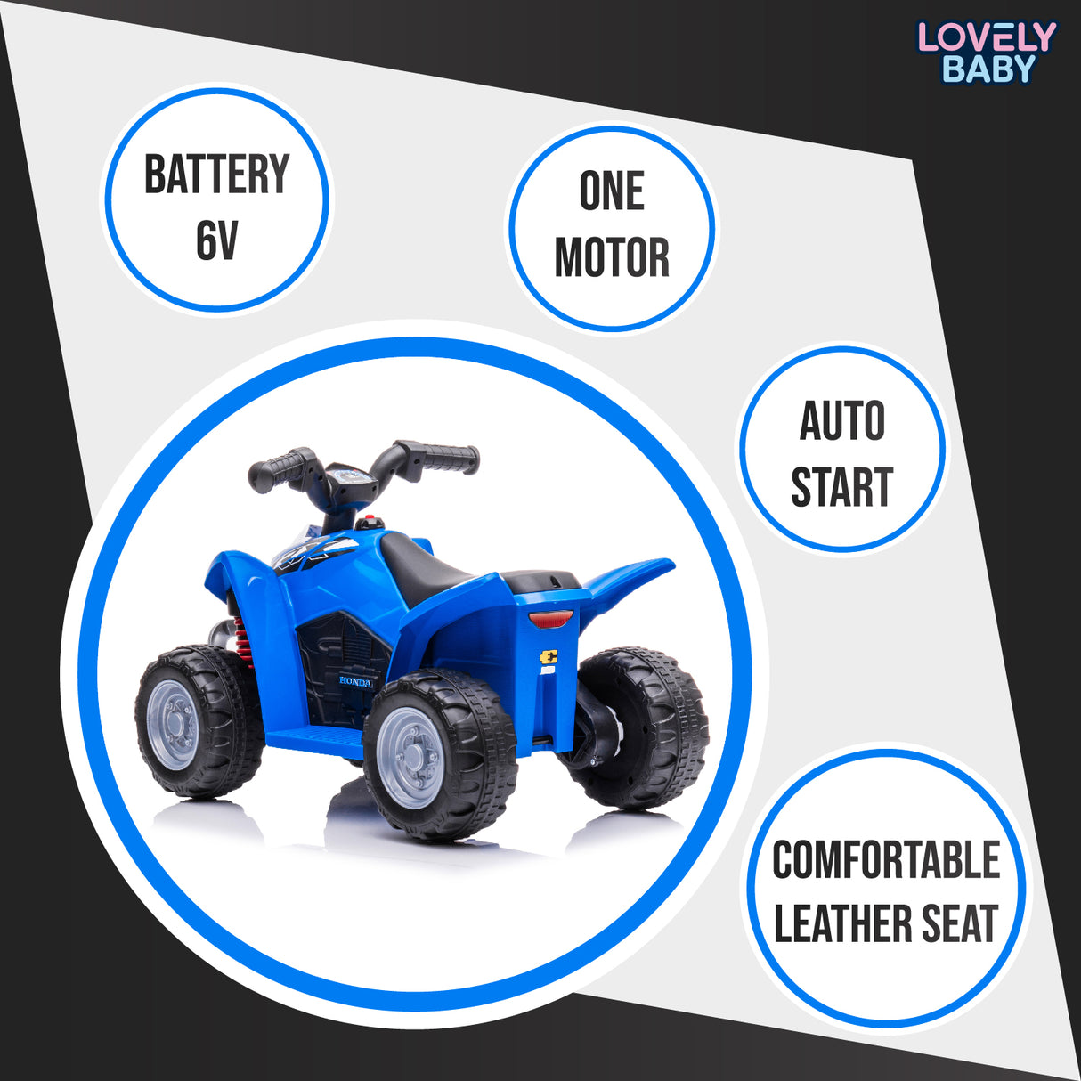 Blue toy ATV with features listed on a white background, branded 'Lovely Baby'.