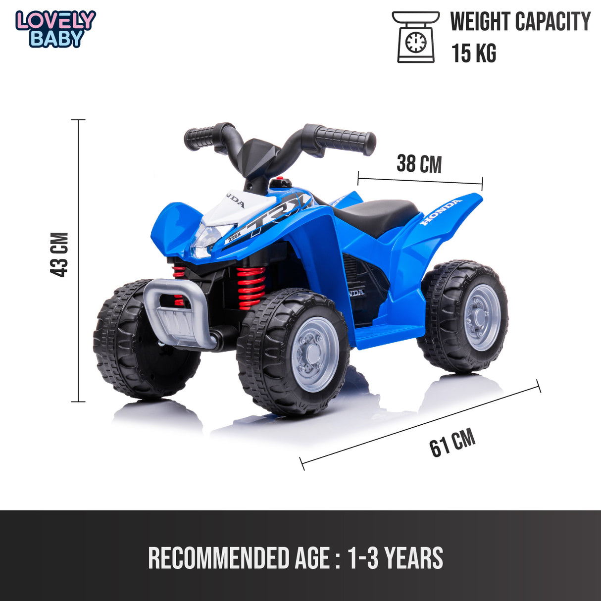 Blue toy ATV with dimensions and weight capacity on a white background