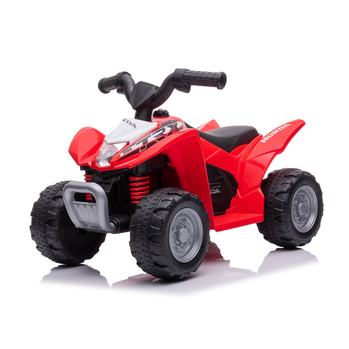 Red toy ATV with black tires and Honda logo on a white background