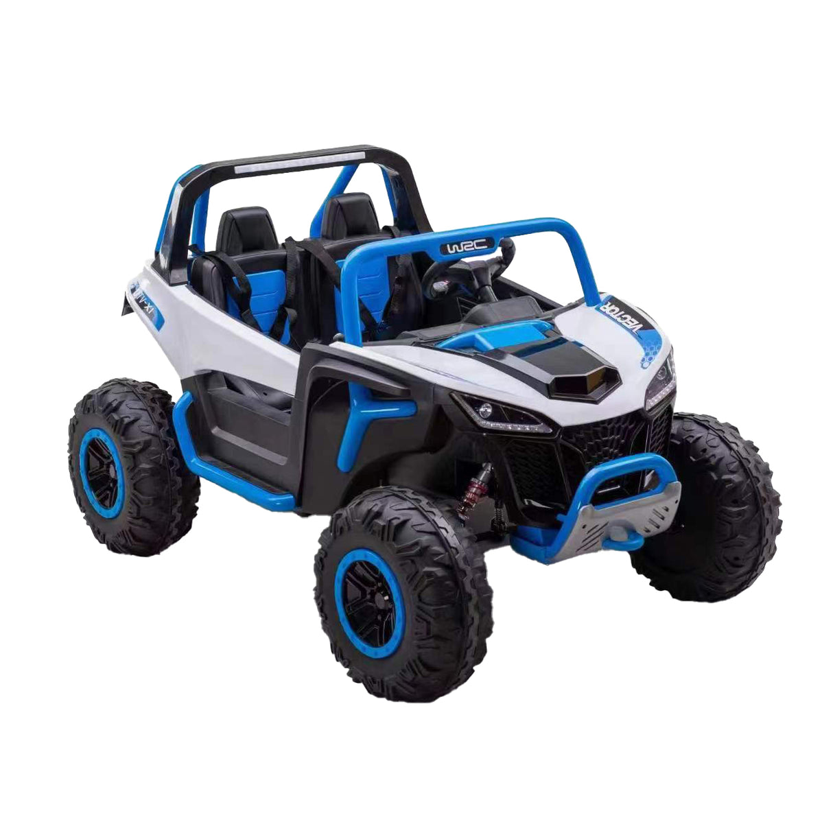 Toy off-road vehicle with blue and black details on a white background