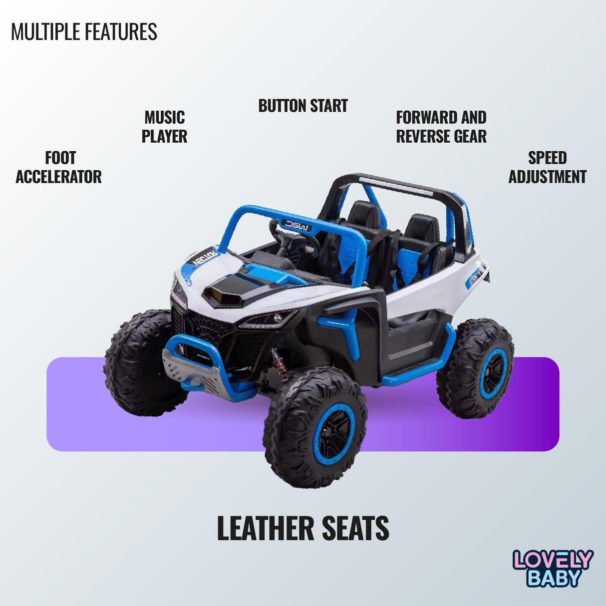 Toy off-road vehicle with features listed on a light gray background