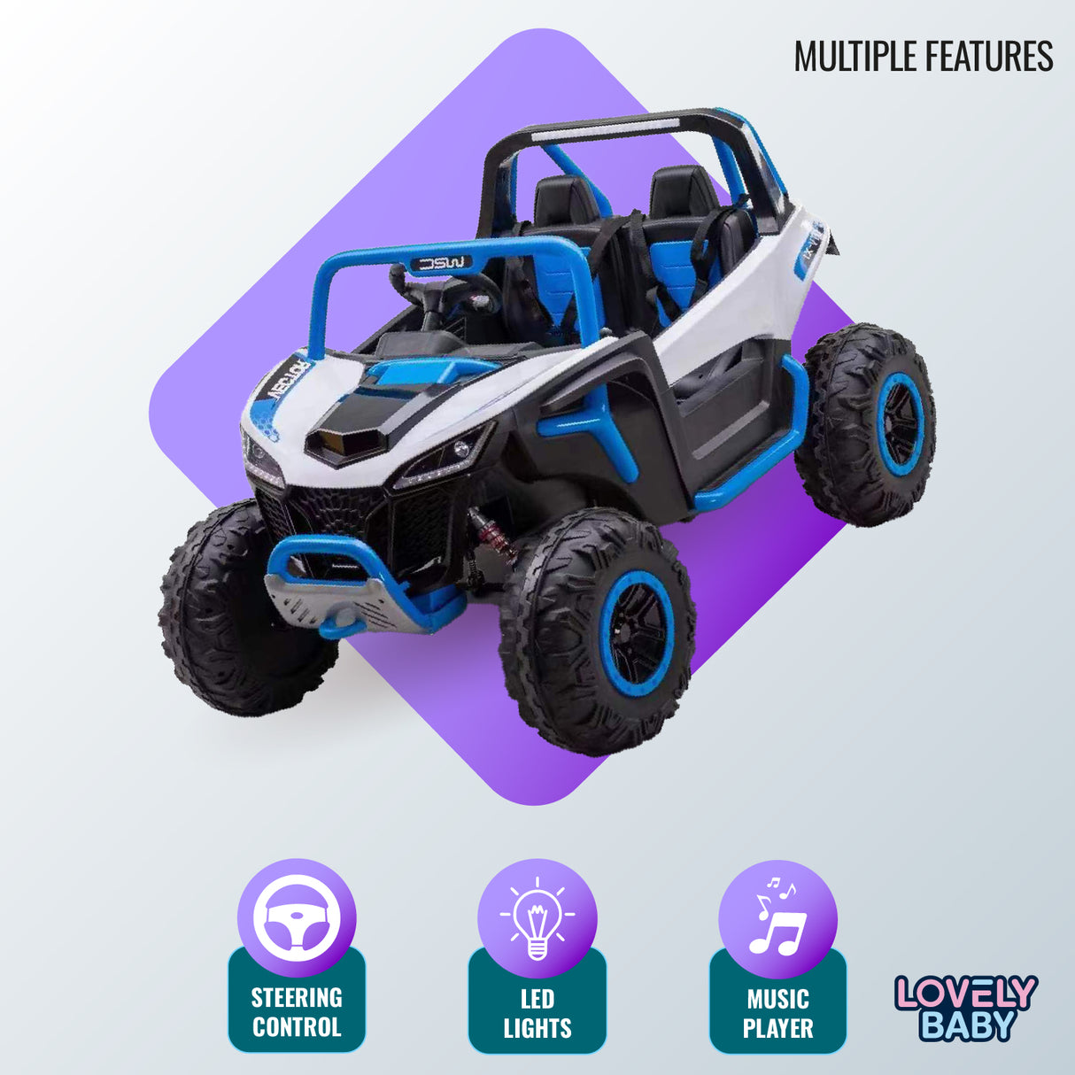 Toy off-road vehicle with features like steering control, LED lights, and music player on a light purple background.