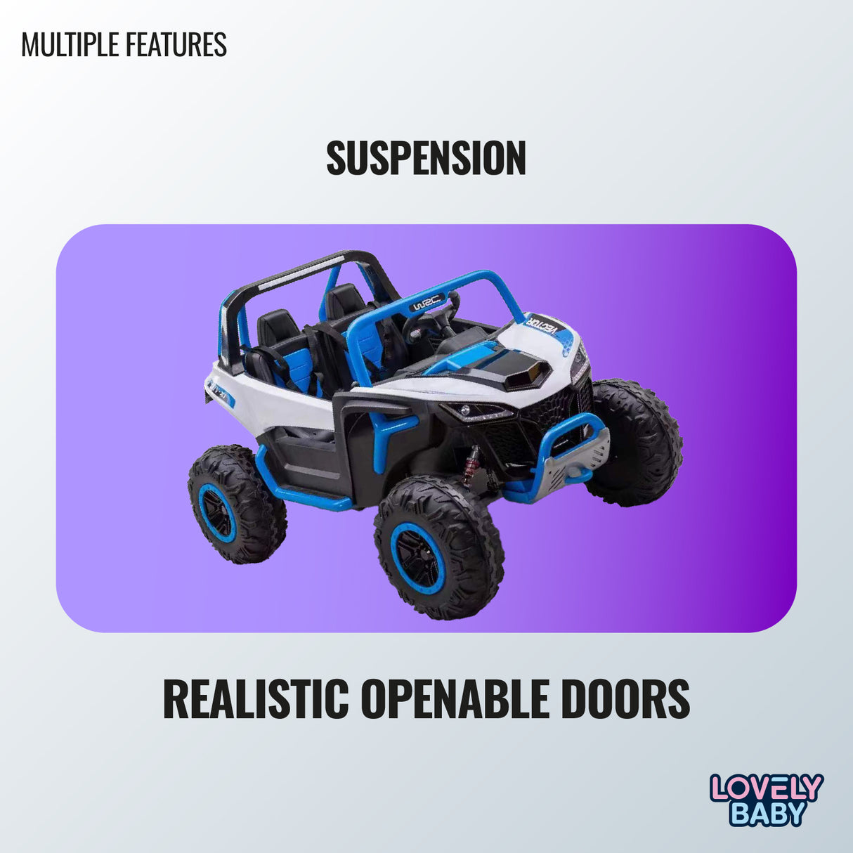 Toy vehicle with suspension and openable doors on a purple background, featuring the brand 'Lovely Baby'.