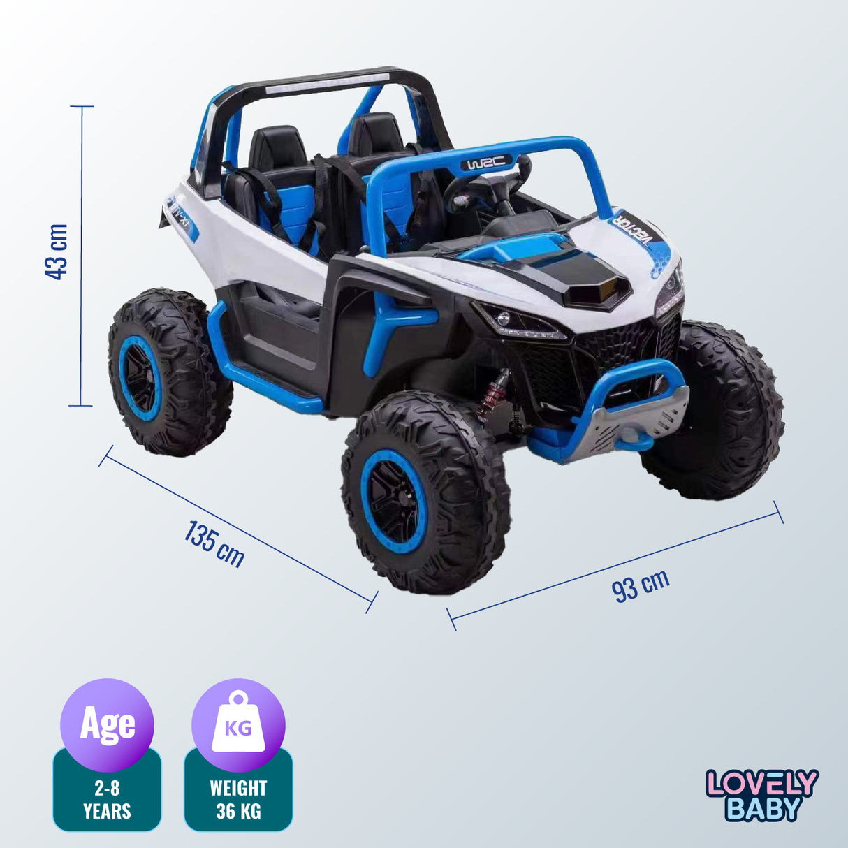 Toy off-road vehicle with dimensions and specifications on a light blue background