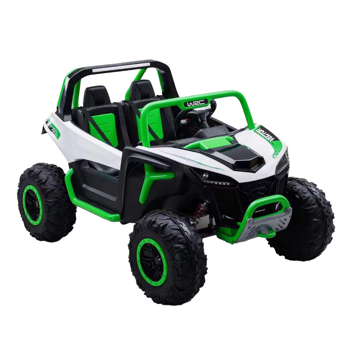 Toy off-road vehicle with green and white design on a white background