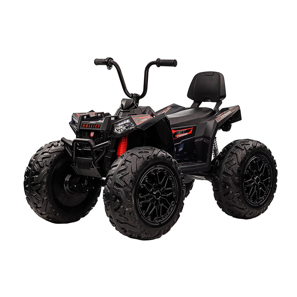 Black toy ATV with large wheels on a white background