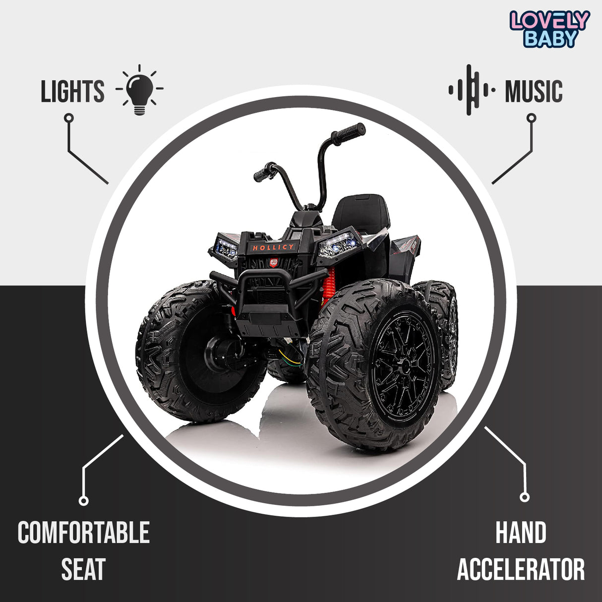 Toy ATV with features like lights, music, comfortable seat, and hand accelerator on a gray background.