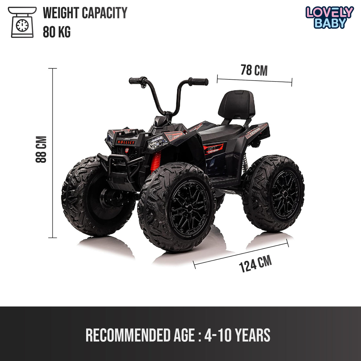 Black toy ATV with dimensions and weight capacity on a white background
