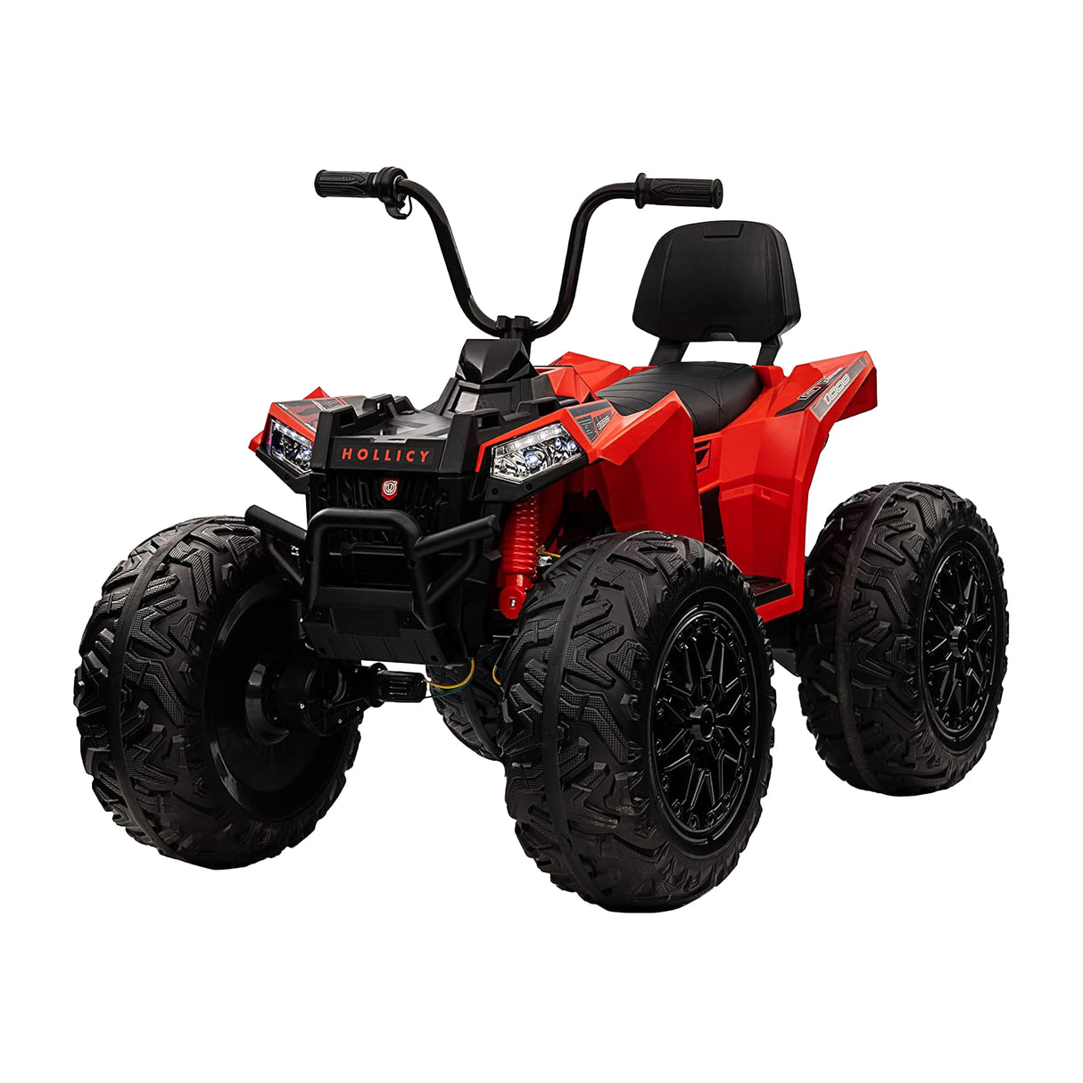 Red and black toy ATV on a white background