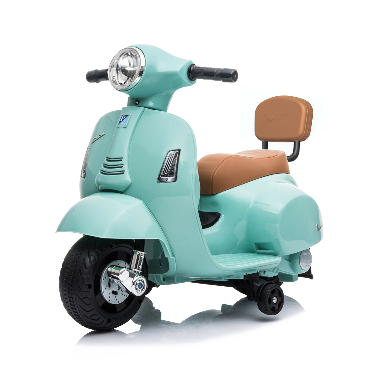 Light blue toy scooter with brown seat and Vespa logo on a white background
