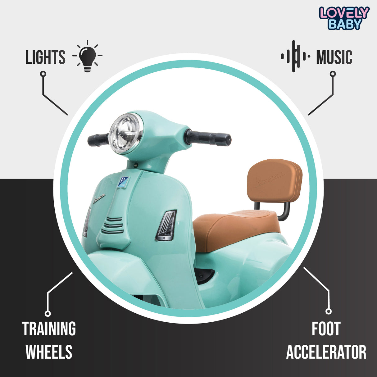 Children's toy scooter with features highlighted on a white background