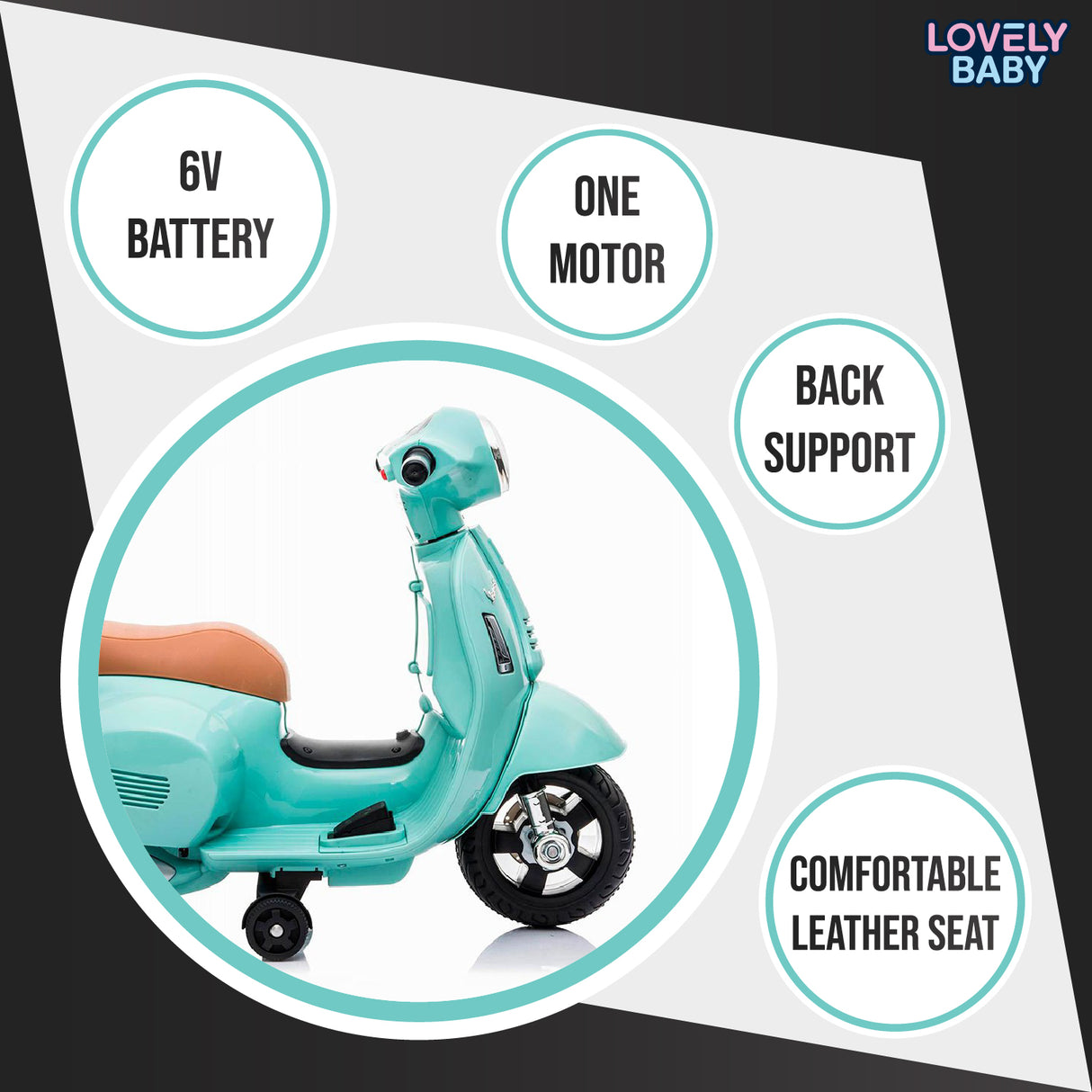 Toy scooter with features listed on a white background, branded 'Lovely Baby'.