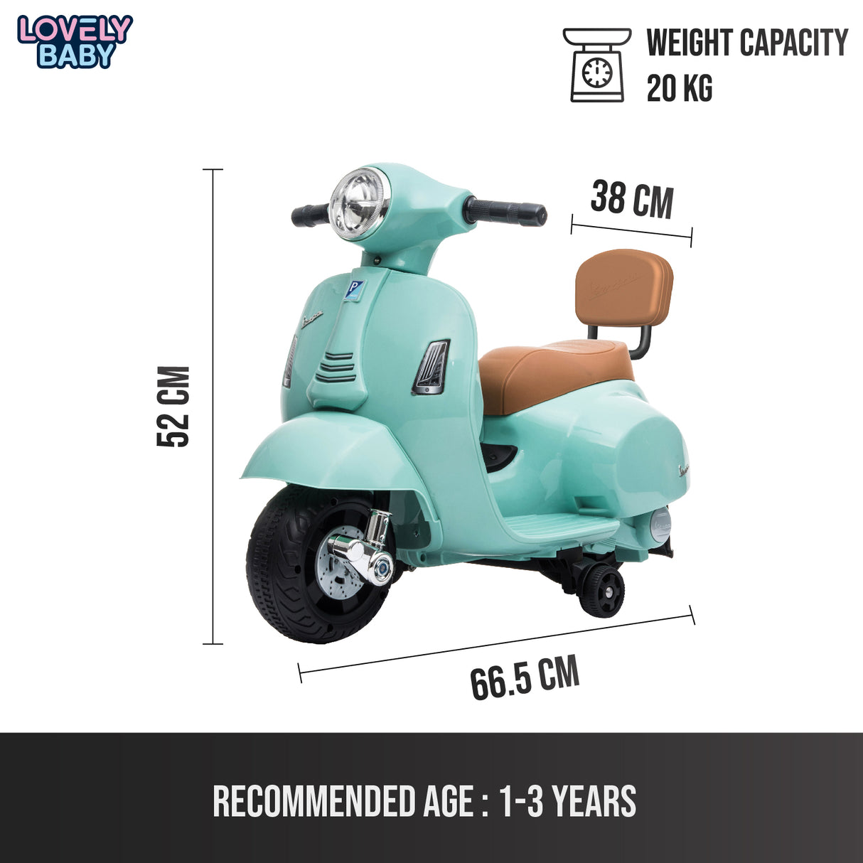 Toy scooter with dimensions and weight capacity on a white background