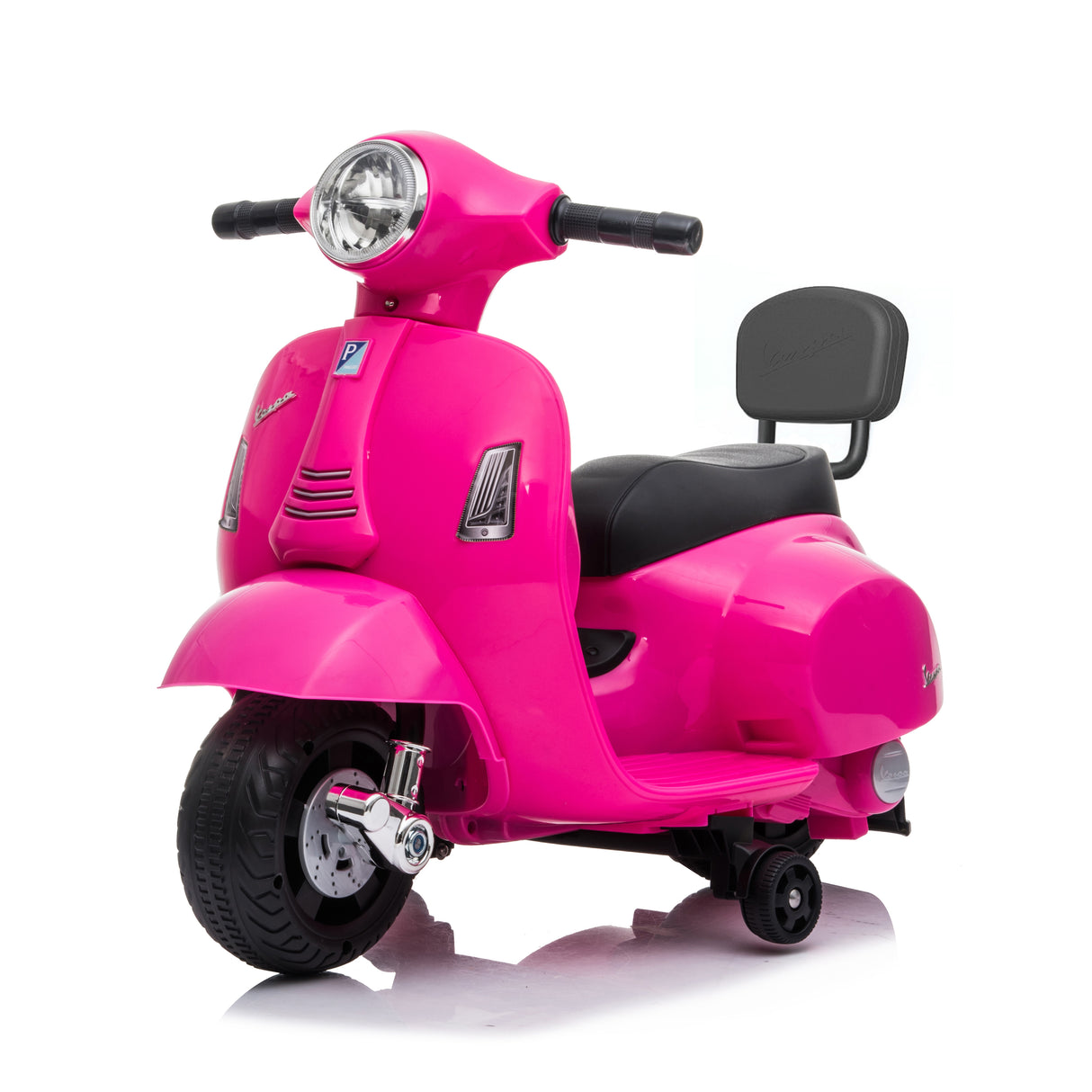 Pink toy scooter with black seat and Vespa logo on a white background