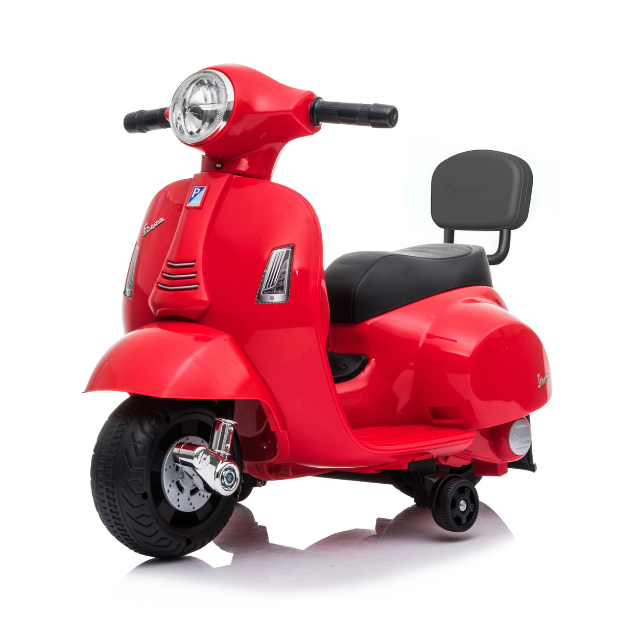 Red toy scooter with black seat and Vespa logo on a white background