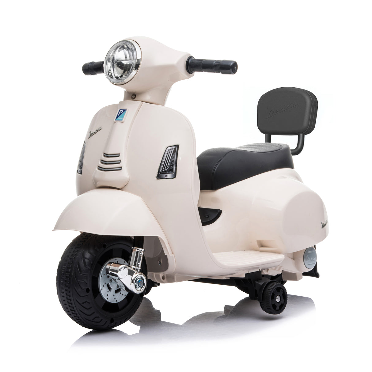 White children's scooter with black seat and Vespa logo on a white background
