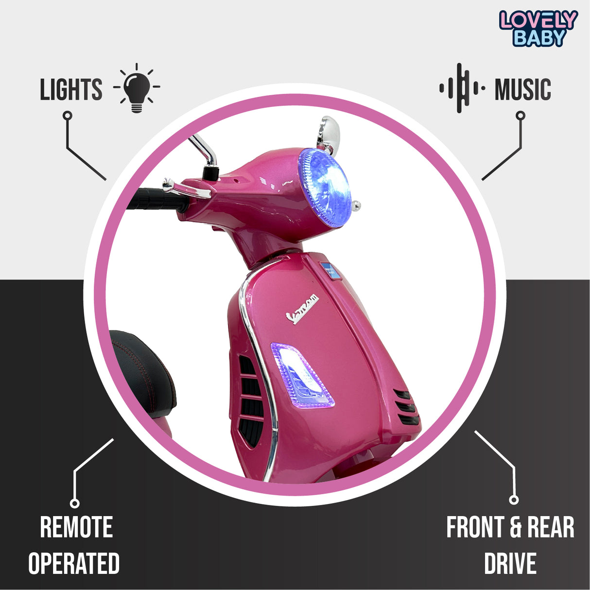Pink toy scooter with features highlighted on a white background